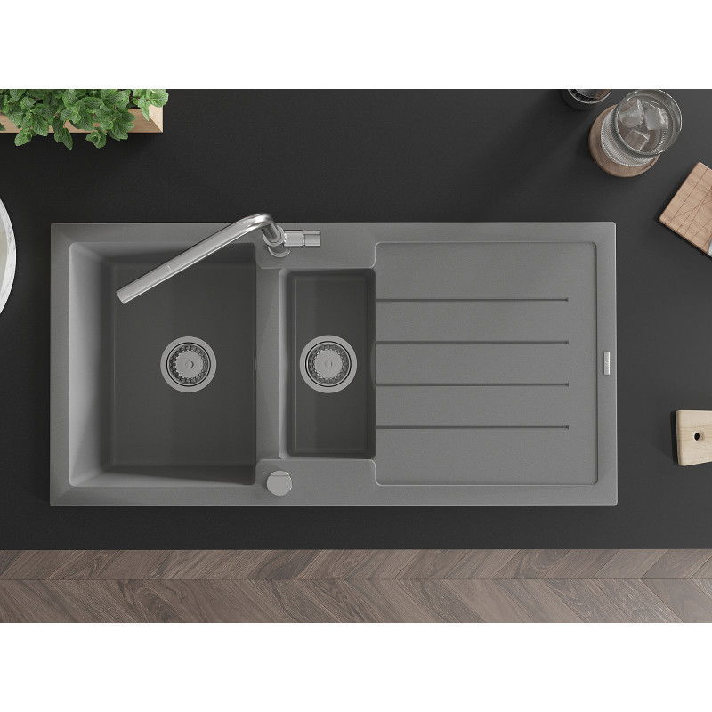Mexen Andres chiuvetă granit 1,5 camere cu picurător și baterie de bucătărie Flora, gri - 6515-71-670401-00