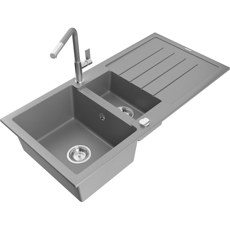 Chiuvetă granit Mexen Andres cu 1,5 compartimente, cu scurgător și baterie de bucătărie Flora, gri - 6515-71-670401-06