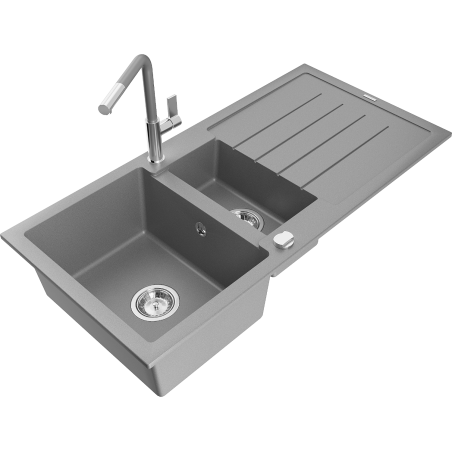Chiuvetă granit Mexen Andres cu 1,5 compartimente, cu scurgător și baterie de bucătărie Flora, gri - 6515-71-670401-06