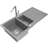 Mexen Andres chiuvetă de granit cu 1,5 cuve, cu scurgător și baterie de bucătărie Flora, gri - 6515-71-670401-06