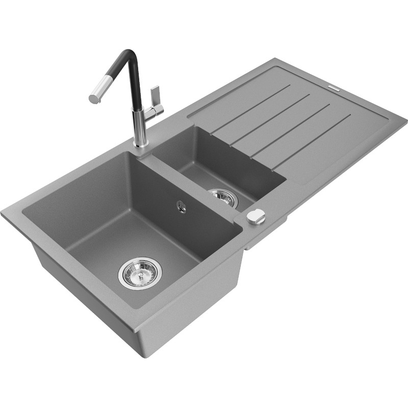 Mexen Andres chiuvetă de granit 1,5-comparte cu picurător și baterie de bucătărie Flora, gri - 6515-71-670401-07