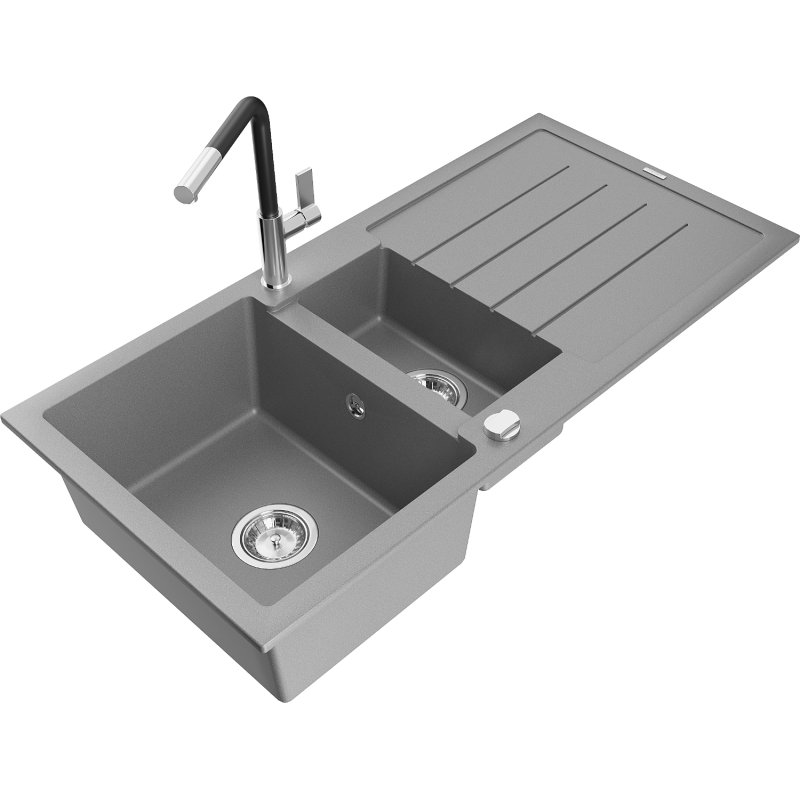 Mexen Andres chiuvetă granit 1,5-camere cu scurgător și baterie bucătărie Flora, gri - 6515-71-670401-07