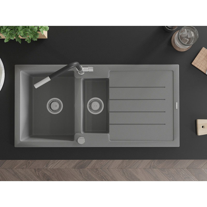 Mexen Andres chiuvetă granit 1,5-camere cu scurgător și baterie bucătărie Flora, gri - 6515-71-670401-07