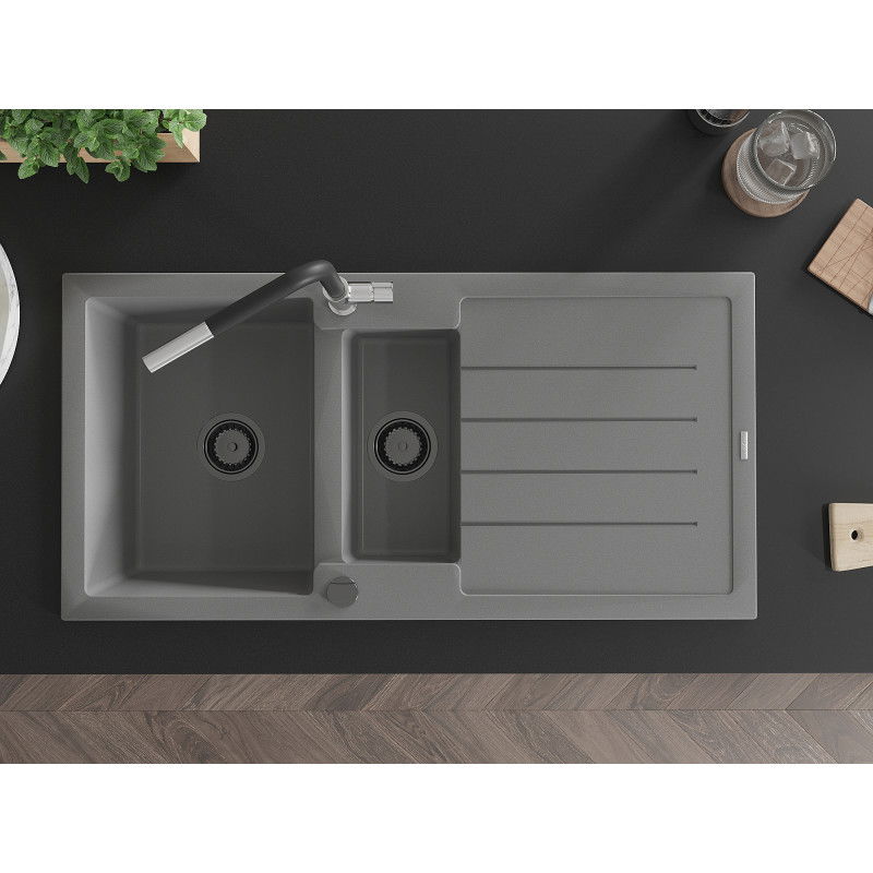 Mexen Andres chiuvetă din granit cu 1,5 compartimente și scurgător și baterie de bucătărie Flora, gri - 6515-71-670401-07-B
