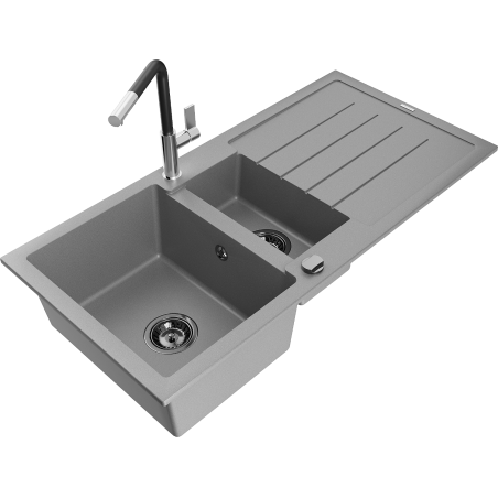 Mexen Andres chiuvetă de granit cu 1,5 camere cu scurgător și baterie de bucătărie Flora, gri - 6515-71-670401-07-B