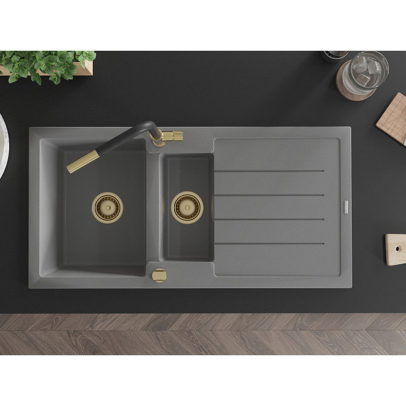 Mexen Andres chiuvetă de granit cu 1,5 compartimente, cu scurgător și baterie de bucătărie Flora, gri - 6515-71-670401-57-G