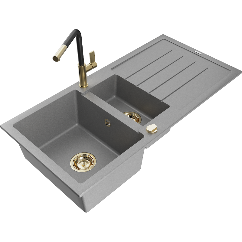 Mexen Andres chiuvetă de granit cu 1,5 compartimente, cu scurgător și baterie de bucătărie Flora, gri - 6515-71-670401-57-G