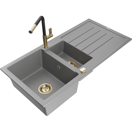 Mexen Andres chiuvetă de granit cu 1,5 compartimente, cu scurgător și baterie de bucătărie Flora, gri - 6515-71-670401-57-G
