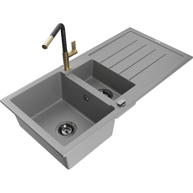 Mexen Andres chiuvetă de bucătărie din granit cu 1,5 cuve, cu scurgător și baterie Flora, gri - 6515-71-670401-57-B