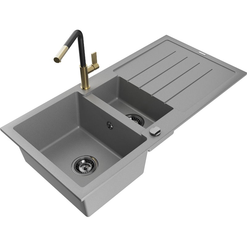 Mexen Andres chiuvetă granit 1,5-compartiment cu scurgător și baterie bucătărie Flora, gri - 6515-71-670401-57-B