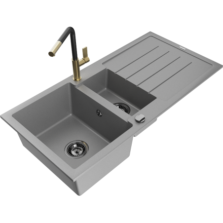 Mexen Andres chiuvetă granit 1,5-compartiment cu scurgător și baterie bucătărie Flora, gri - 6515-71-670401-57-B