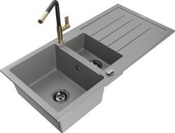 Mexen Andres 1,5-medencés gránit mosogató elvezetővel és Flora konyhai csapteleppel, szürke - 6515-71-670401-57-B