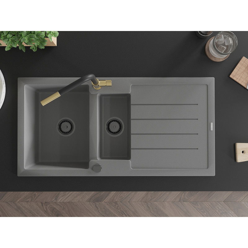 Mexen Andres 1,5-medencés gránit mosogató elvezetővel és Flora konyhai csapteleppel, szürke - 6515-71-670401-57-B