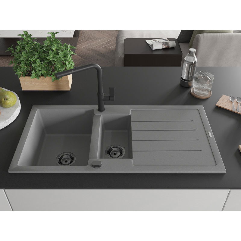 Mexen Andres chiuvetă de granit cu 1,5 cuve cu scurgător și baterie de bucătărie Flora, gri - 6515-71-670401-70-B