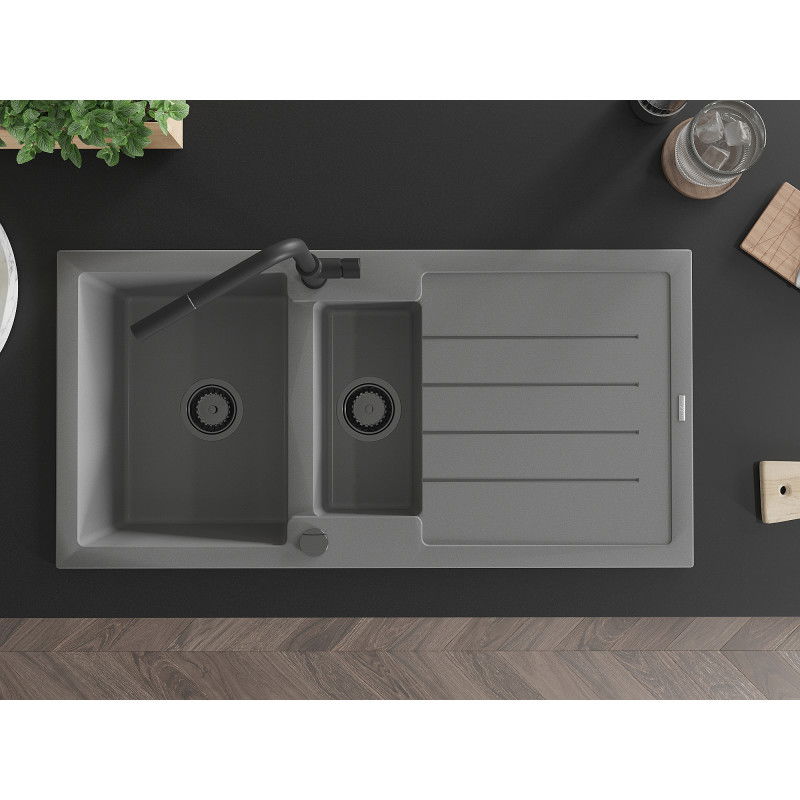 Mexen Andres chiuvetă de granit cu 1,5 cuve cu scurgător și baterie de bucătărie Flora, gri - 6515-71-670401-70-B