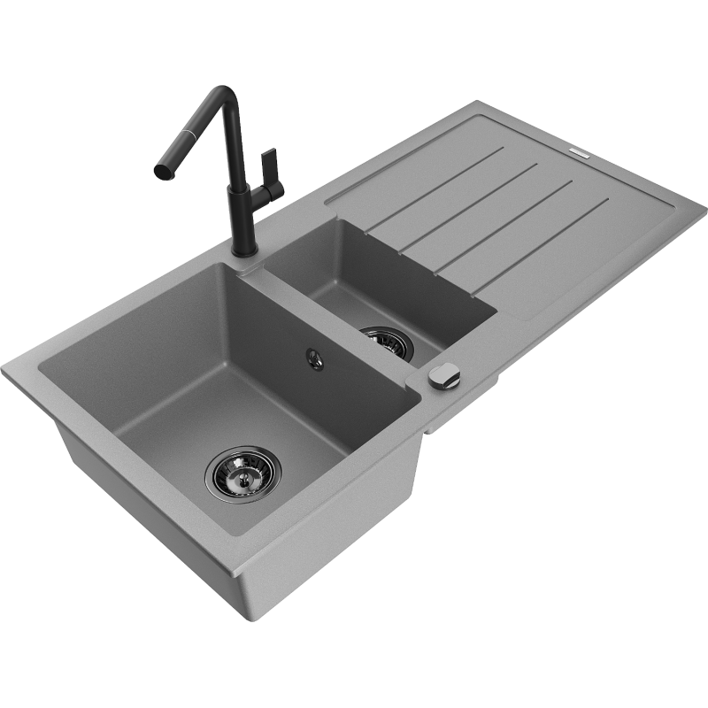 Mexen Andres chiuvetă de granit cu 1,5 cuve cu scurgător și baterie de bucătărie Flora, gri - 6515-71-670401-70-B