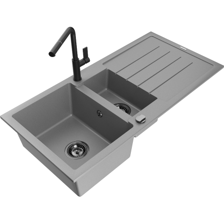 Mexen Andres chiuvetă de granit cu 1,5 cuve cu scurgător și baterie de bucătărie Flora, gri - 6515-71-670401-70-B