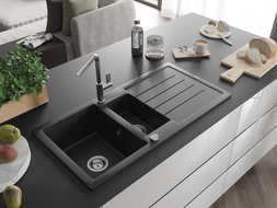 Mexen Andres chiuvetă de granit 1,5 camere cu scurgător și baterie de bucătărie Flora, negru/argintiu - 6515-73-670401-00