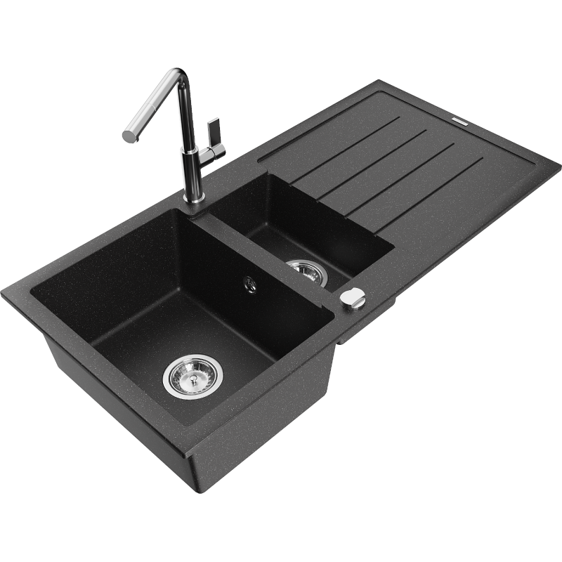 Mexen Andres chiuvetă granit 1,5 camere cu scurgător și baterie de bucătărie Flora, negru/argintiu - 6515-73-670401-00