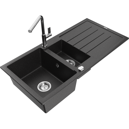 Mexen Andres chiuvetă granit 1,5 camere cu scurgător și baterie de bucătărie Flora, negru/argintiu - 6515-73-670401-00