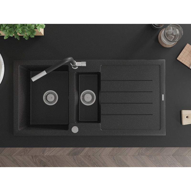 Mexen Andres chiuvetă granit 1,5 compartimente cu scurgător și baterie de bucătărie Flora, negru/argintiu - 6515-73-670401-07