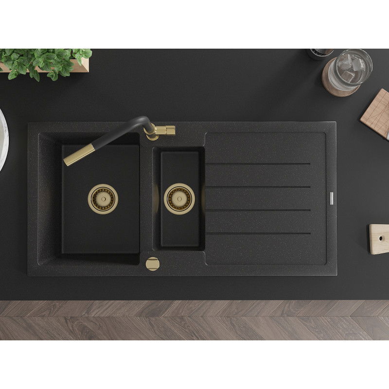 Mexen Andres 1,5 rekeszes, csepegtetős gránit mosogató Flora konyhai csappal, fekete/ezüst - 6515-73-670401-57-G