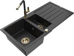 Mexen Andres 1,5 rekeszes, csepegtetős gránit mosogató Flora konyhai csappal, fekete/ezüst - 6515-73-670401-57-G