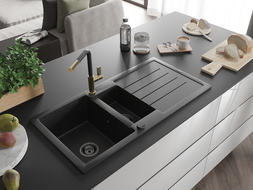 Mexen Andres chiuvetă granit 1,5-cuptoare cu scurgător și baterie bucătărie Flora, negru/argintiu - 6515-73-670401-57-B