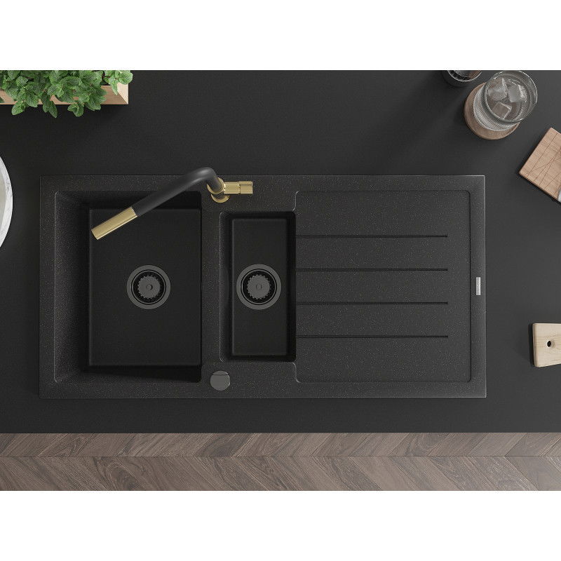 Mexen Andres chiuvetă de granit cu 1,5 camere cu scurgător și baterie de bucătărie Flora, negru/argintiu - 6515-73-670401-57-B