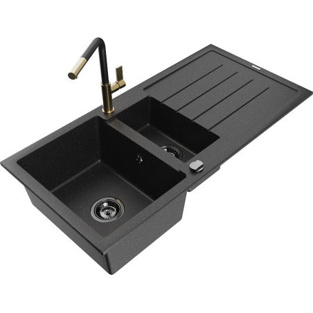 Mexen Andres chiuvetă de granit cu 1,5 camere cu scurgător și baterie de bucătărie Flora, negru/argintiu - 6515-73-670401-57-B