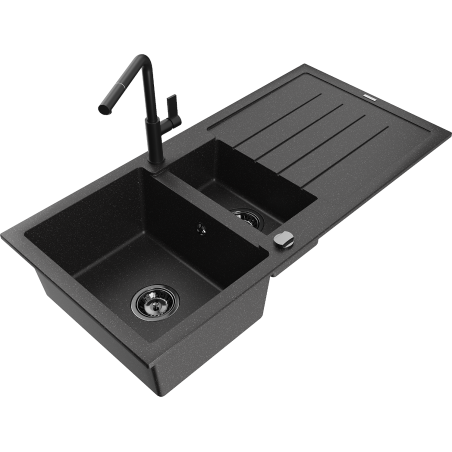 Chiuvetă granit Mexen Andres cu 1,5 cuve și scurgător și baterie Flora, negru/argintiu - 6515-73-670401-70-B