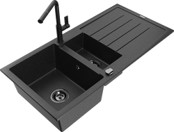 Mexen Andres 1,5 medencés gránit mosogató csepegtetővel és Flora konyhai csapteleppel, fekete/ezüst - 6515-73-670401-70-B