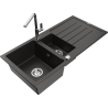 Mexen Andres chiuvetă de granit cu 1,5 cuve, cu picurător și baterie de bucătărie Flora, negru/auriu metalizat