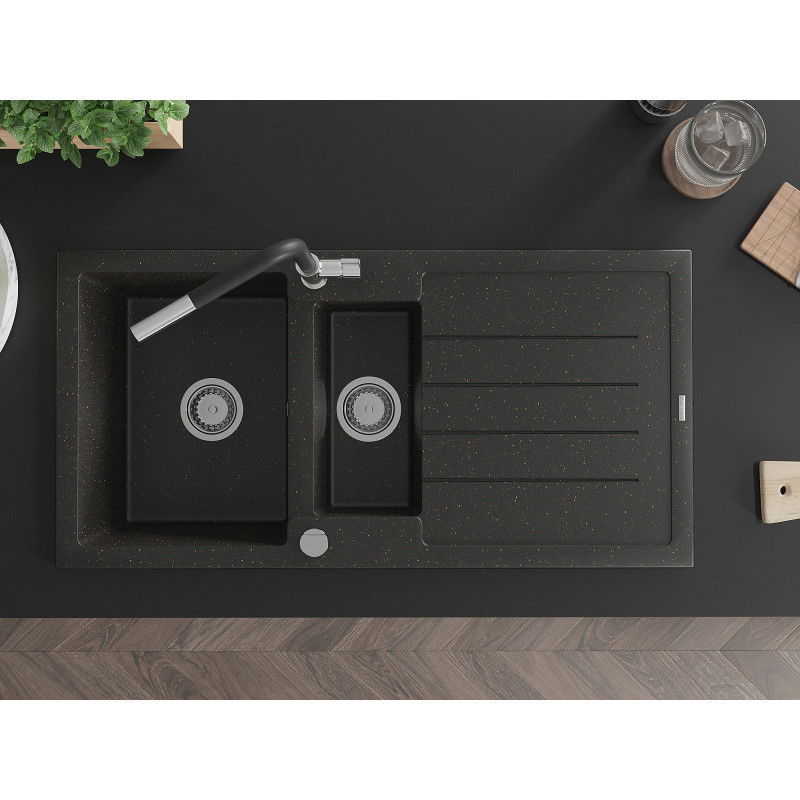 Mexen Andres chiuvetă de granit 1,5 cuve cu scurgător și baterie de bucătărie Flora, negru/auriu metalic