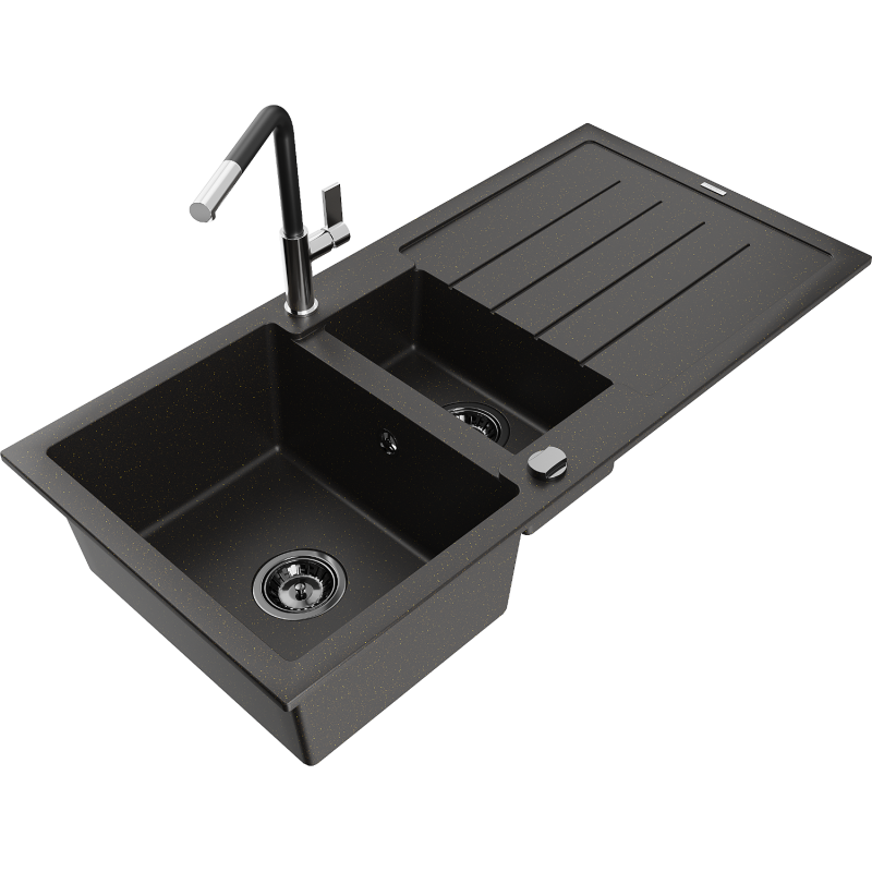 Mexen Andres chiuvetă granit 1,5-camere cu scurgător și baterie bucătărie Flora, negru/auriu - 6515-75-670401-07-B