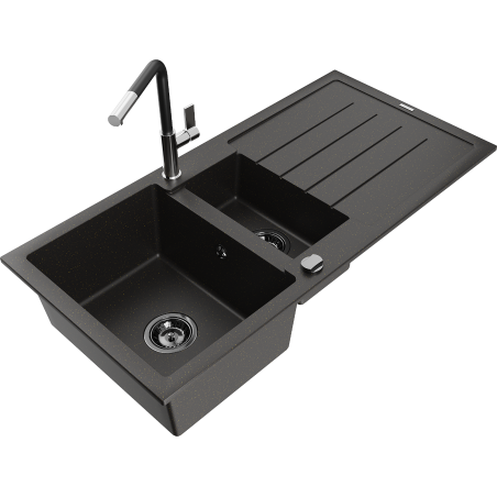 Mexen Andres chiuvetă granit 1,5-camere cu scurgător și baterie bucătărie Flora, negru/auriu - 6515-75-670401-07-B