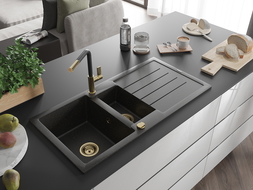 Mexen Andres chiuvetă granit 1,5-camere cu picurător și baterie bucătărie Flora, negru/auriu - 6515-75-670401-57-G