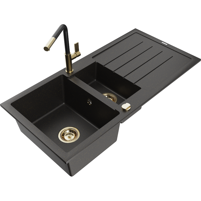 Mexen Andres chiuvetă granit 1,5-camere cu picurător și baterie bucătărie Flora, negru/auriu - 6515-75-670401-57-G