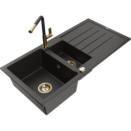 Mexen Andres chiuvetă granit 1,5-camere cu picurător și baterie bucătărie Flora, negru/auriu - 6515-75-670401-57-G