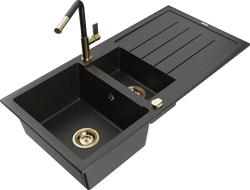 Mexen Andres gránit mosogató 1,5 rekeszes csepptálcával és Flora konyhai csappal, fekete/arany - 6515-75-670401-57-G