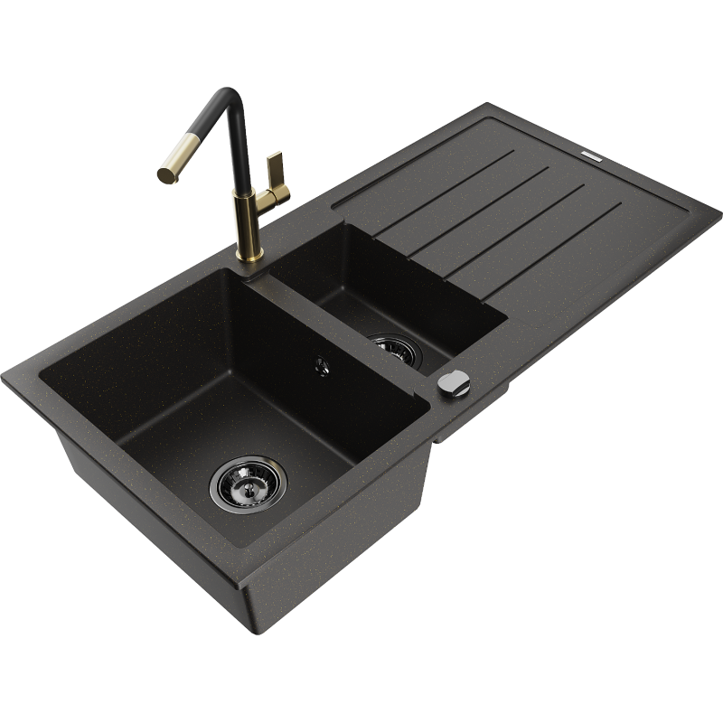 Mexen Andres chiuvetă de granit 1,5 camere cu scurgător și baterie de bucătărie Flora, negru/auriu - 6515-75-670401-57-B