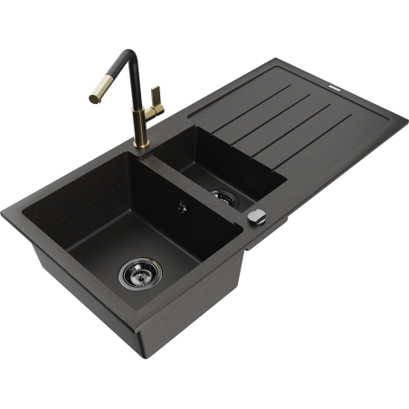 Mexen Andres chiuvetă de granit 1,5 camere cu scurgător și baterie de bucătărie Flora, negru/auriu - 6515-75-670401-57-B