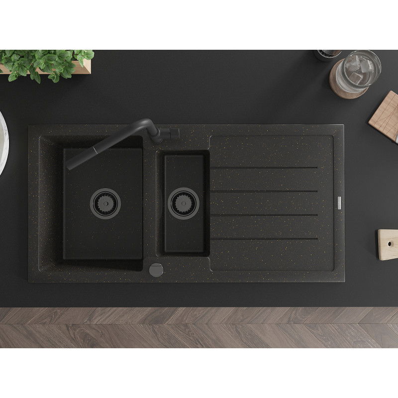 Mexen Andres 1,5 rekeszes gránit mosogató csepegtetővel és Flora konyhai csapteleppel, fekete/arany - 6515-75-670401-70-B