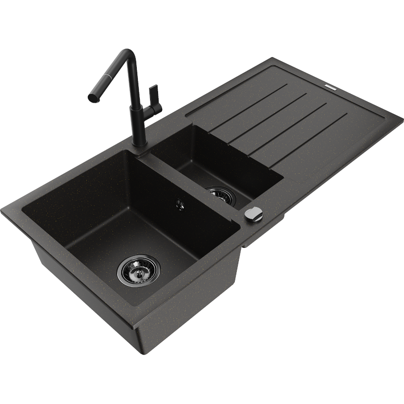 Mexen Andres chiuvetă de granit cu 1,5 boluri cu scurgător și baterie Flora, negru/auriu - 6515-75-670401-70-B