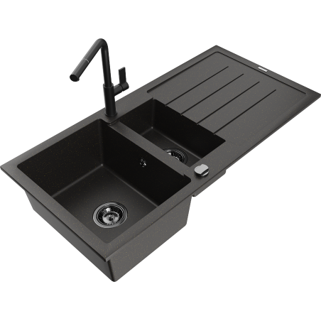 Mexen Andres chiuvetă de granit cu 1,5 boluri cu scurgător și baterie Flora, negru/auriu - 6515-75-670401-70-B
