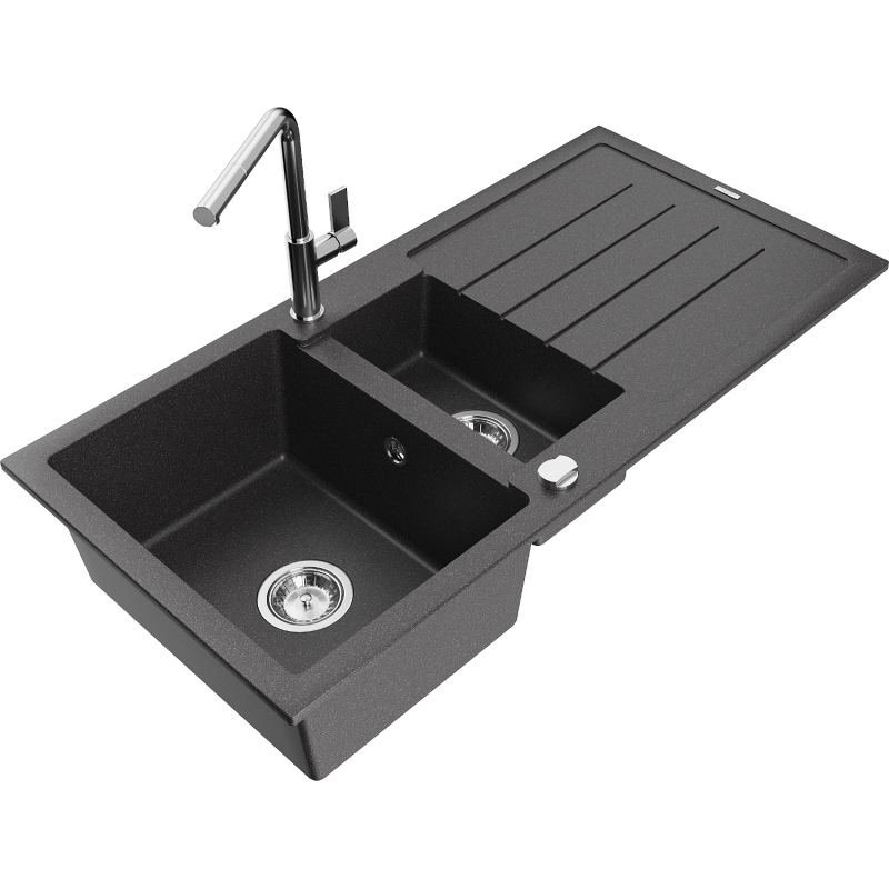 Chiuvetă granit Mexen Andres cu 1,5 cuve și picurător și baterie de bucătărie Flora, negru pătat - 6515-76-670401-00