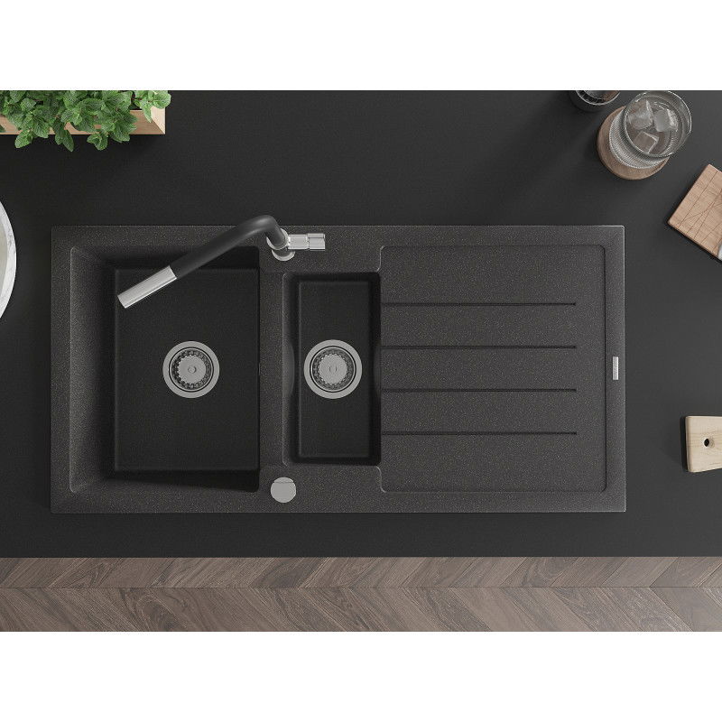 Mexen Andres 1,5 rekeszes gránit mosogató csepegtetővel és Flora konyhai csappal, fekete spriccelt - 6515-76-670401-07