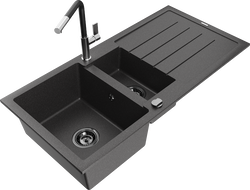 Mexen Andres chiuvetă granit 1,5 camere cu scurgător și baterie de bucătărie Flora, negru pătat - 6515-76-670401-07-B