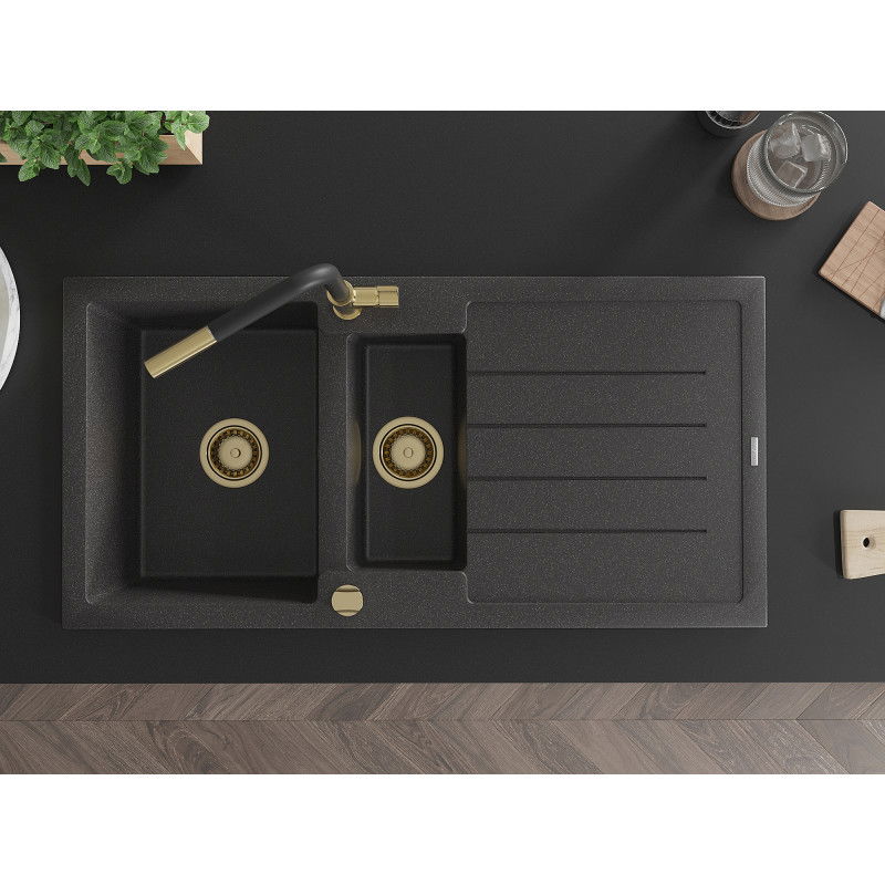 Mexen Andres 1,5 rekeszes gránit mosogató csepegtetővel és Flora konyhai csapteleppel, fekete pöttyös - 6515-76-670401-57-G