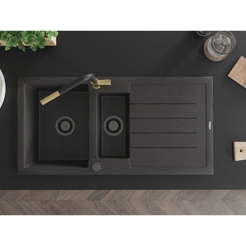 Mexen Andres gránit mosogató 1,5-medencés csepegtetővel és Flora konyhai csapteleppel, fekete pöttyös - 6515-76-670401-57-B